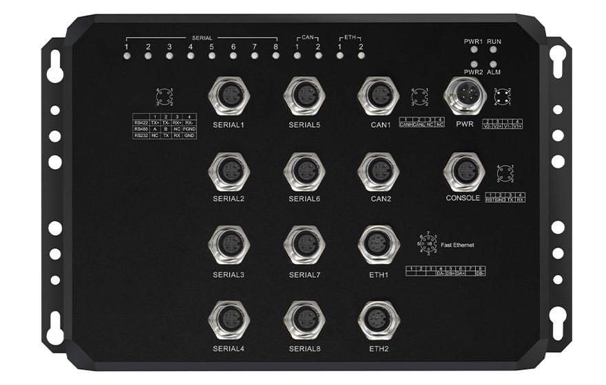 HJCA16海角官网科技-<b>M12接口 8路串口+2路CAN 服务器 (带WEB与SNMP网管，MQTT)</b>